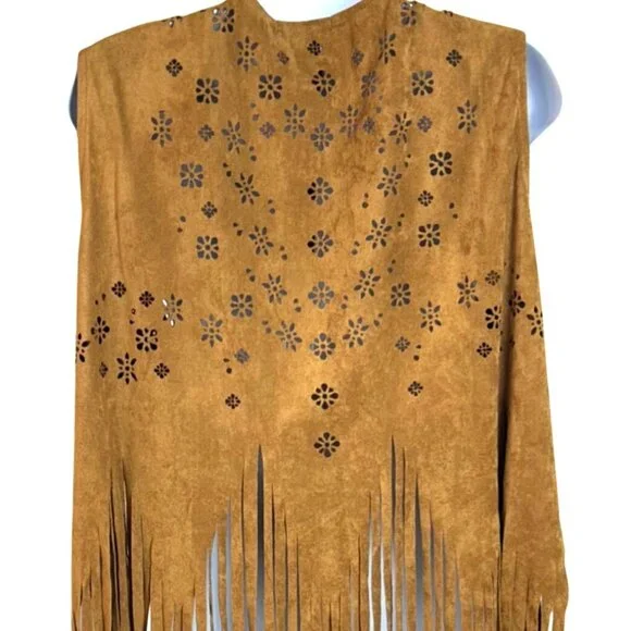 Sleeveless Suede Fringe Boho Vest Flower Cutout Design Belle Tweed XL Brown - Picture 4 of 11